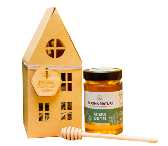Set cadou "Căsuță cu miere" (Miere de tei 380g & Linguriță din lemn pentru miere H-160mm)